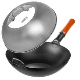 13.5-inch Pre-Seasoned Black Carbon Steel Wok Flat Bottomed + Stainless Steel Wok Lid