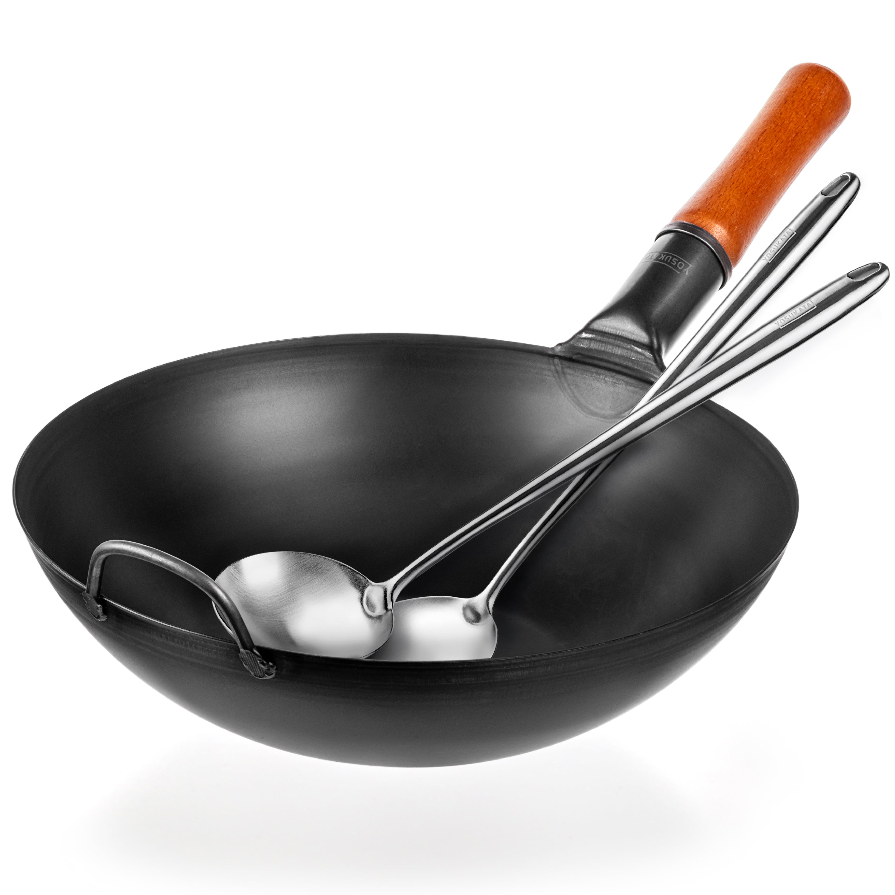 Black Carbon Steel Wok Pan, 11.8-inch Flat Bottom, Pre-Seasoned