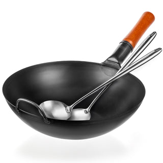 13.5-inch Pre-Seasoned Black Carbon Steel Wok Flat Bottomed+Spatula and Ladle Set