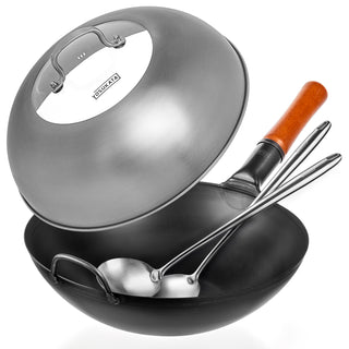 13.5-inch Pre-Seasoned Black Carbon Steel Wok Flat Bottomed + Stainless Steel Wok Lid + Spatula and Ladle Set