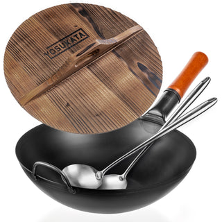13.5-inch Pre-Seasoned Black Carbon Steel Wok Flat Bottomed + Wooden Wok Lid + Spatula and Ladle Set