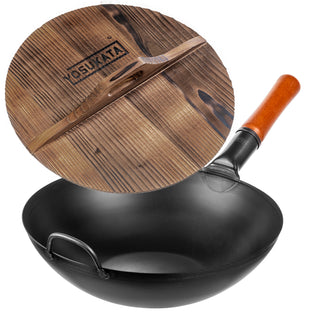13.5-inch Pre-Seasoned Black Carbon Steel Wok Flat Bottomed + Wooden Wok Lid