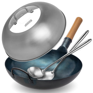 13.5-inch Pre-Seasoned Blue Carbon Steel Wok Flat Bottomed + Stainless Steel Wok Lid + Utensils Wok Set: 17-inch Spatula & Ladle