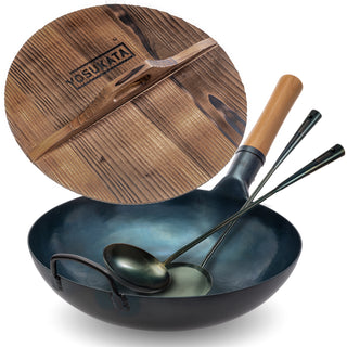 13.5-inch Pre-Seasoned Black Carbon Steel Wok Flat Bottomed + Wooden Wok Lid + Utensils Set