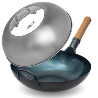 13.5-inch Pre-Seasoned Blue Carbon Steel Wok Flat Bottomed + Stainless Steel Wok Lid