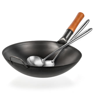 14-inch Pre-Seasoned Black Carbon Steel Wok Round Bottomed + Spatula and Ladle Set