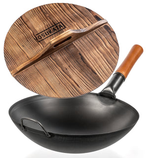 14-inch Pre-Seasoned Black Carbon Steel Wok Round Bottomed + Wooden Wok Lid