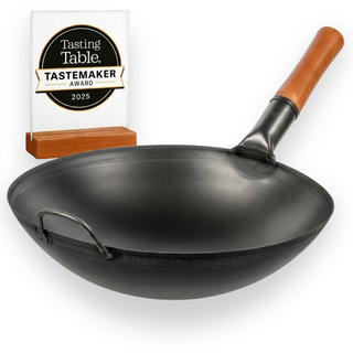 Yosukata Wok 14" Round Bottom Black Carbon Steel Stir Fry Pan, Pre-Seasone