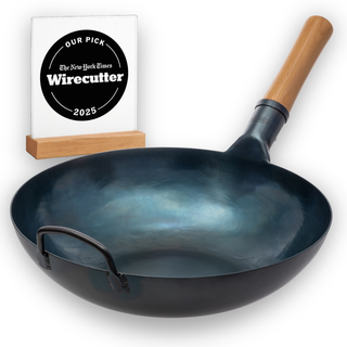 Yosukata Wok 13.5" Flat Bottom Blue Carbon Steel Stir Fry Pan, Pre-Seasoned