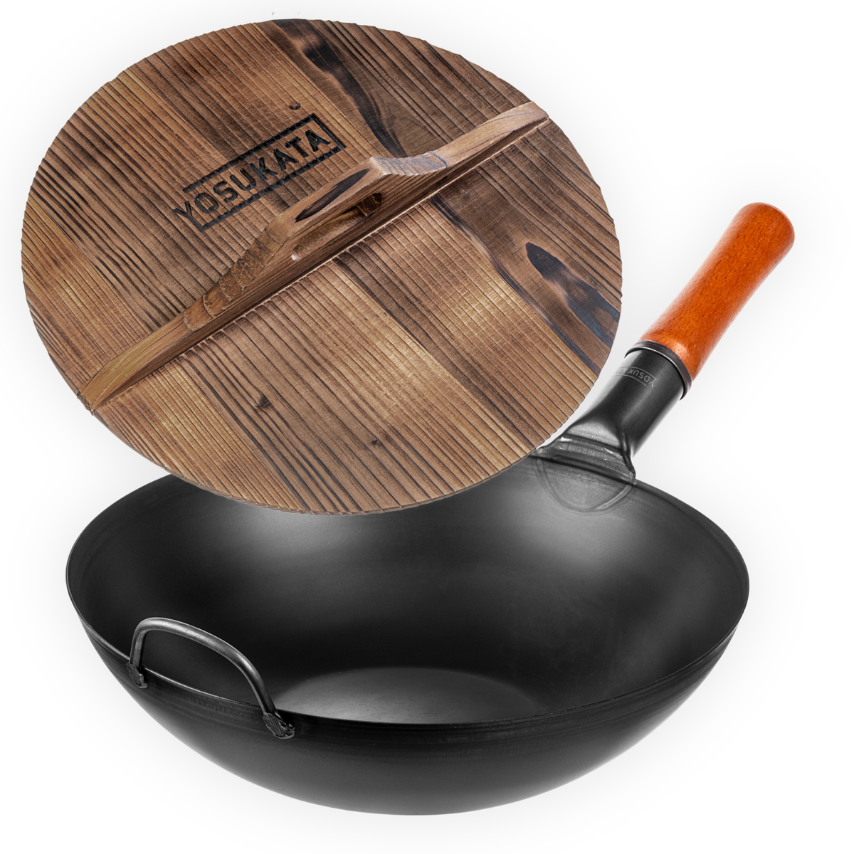 Yosukata Wok, Black Flat Bottom Carbon Steel, Wooden Lid