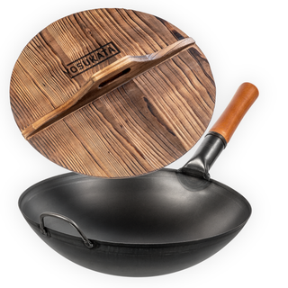 Yosukata Wok Set 14" Round Bottom Black Carbon Steel Pan with Wooden Lid, Pre-Seasoned