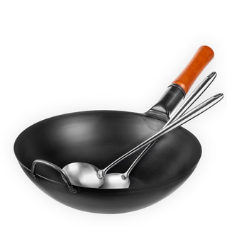 Yosukata Wok Set 13.5" Flat Bottom Black Carbon Steel Pan with Spatula and Ladle, Pre-Seasoned