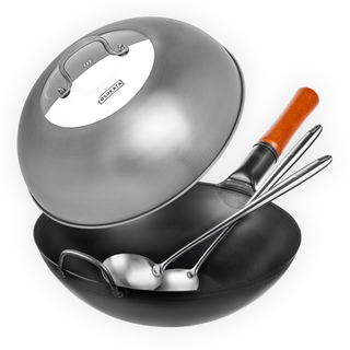 Yosukata Wok Set 13.5" Flat Bottom Black Carbon Steel Pan with Stainless Steel Lid, Spatula and Ladle, Pre-Seasoned