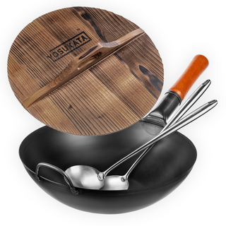 Yosukata Wok Set 13.5" Flat Bottom Black Carbon Steel Pan with Wooden Lid, Spatula and Ladle, Pre-Seasoned