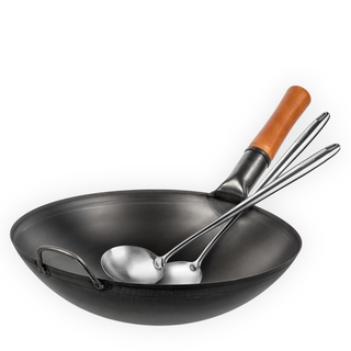 Yosukata Wok Set 14" Round Bottom Black Carbon Steel Pan with Spatula and Ladle, Pre-Seasoned