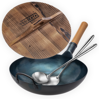 Yosukata Wok Set 13.5" Flat Bottom Blue Carbon Steel Pan with Wooden Lid, Spatula and Ladle, Pre-Seasoned