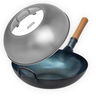 Yosukata Wok Set 13.5" Flat Bottom Blue Carbon Steel Pan with Stainless Steel Lid, Pre-Seasoned