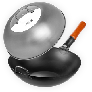 Yosukata Wok Set 13.5" Flat Bottom Black Carbon Steel Pan with Stainless Steel Lid, Pre-Seasoned