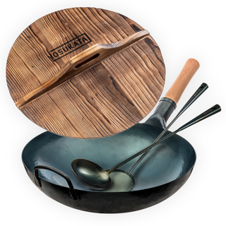 Yosukata Wok Set 13.5" Flat Bottom Blue Carbon Steel Pan with Wooden Lid and Utensils, Pre-Seasoned