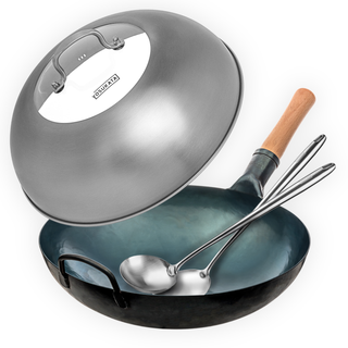 Yosukata Wok Set 13.5" Flat Bottom Blue Carbon Steel Pan with Stainless Steel Lid, Spatula and Ladle, Pre-Seasoned