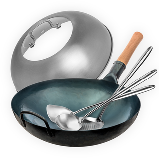 Yosukata Wok Set 13.5" Flat Bottom Blue Carbon Steel Pan with Stainless Steel Lid, Spatula, Ladle and Skimmer, Pre-Seasoned