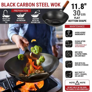 11.8-inch Pre-Seasoned Black Carbon Steel Wok Flat Bottomed