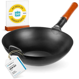 13.5-inch Pre-Seasoned Black Carbon Steel Wok Flat Bottomed + Stainless Steel Wok Lid + Spatula and Ladle Set