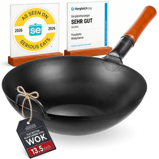 Yosukata 13.5" Pre-Seasoned Black Carbon Steel Wok, Flat Bottom