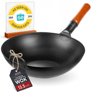 Yosukata 13.5" Pre-Seasoned Black Carbon Steel Wok, Flat Bottom