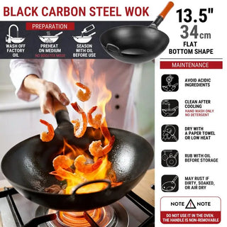 13.5-inch Pre-Seasoned Black Carbon Steel Wok Flat Bottomed