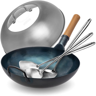 13.5-inch Pre-Seasoned Blue Carbon Steel Wok Flat Bottomed + Stainless Steel Wok Lid + Utensils Wok Set: 17-inch Spatula & Ladle & Skimmer