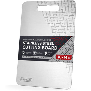 Yosukata 14.6 x 10 stainless steel cutting board with double-sided surface, handle hole, and inch and centimeter scales