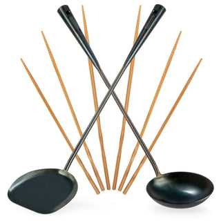 Utensils Set: 17-inch Pre-seasoned Carbon Steel Wok Spatula, Ladle and Bamboo Chopsticks