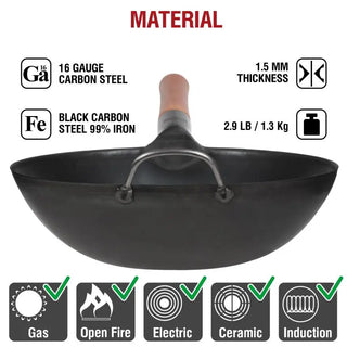 11.8-inch Pre-Seasoned Black Carbon Steel Wok Flat Bottomed