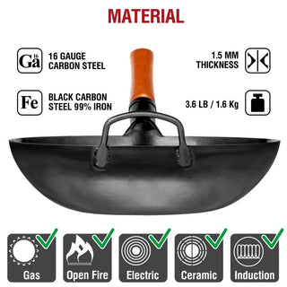 13.5-inch Pre-Seasoned Black Carbon Steel Wok Flat Bottomed