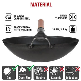 Yosukata 14-inch black carbon steel wok material and construction
