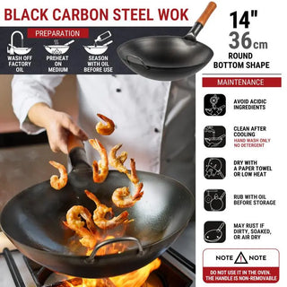 Yosukata 14-inch black carbon steel wok cooking and care guide