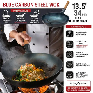 13.5-inch Pre-Seasoned Blue Carbon Steel Wok Flat Bottomed