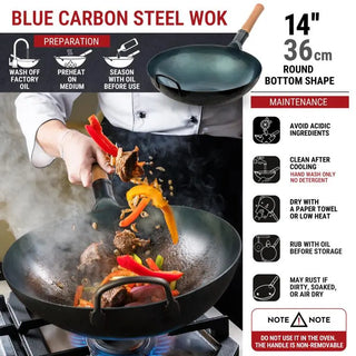 14-inch Pre-Seasoned Blue Carbon Steel Wok Round Bottomed