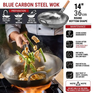 14-inch Not Seasoned Blue Carbon Steel Wok Round Bottomed