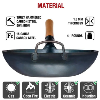 13.5-inch Pre-Seasoned Blue Carbon Steel Wok Flat Bottomed