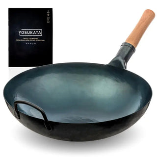 Yosukata 14 inch round bottom blue carbon steel wok with pre-seasoned finish and beech wood handle
