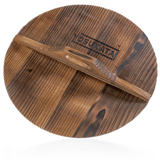 Yosukata 13.5 inch fir wood wok lid with carbonized finish, long handle, and beveled edge