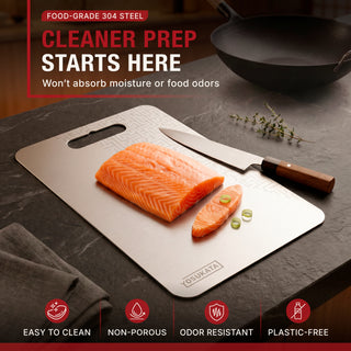 A stainless steel cutting board with a salmon fillet and knife on a dark stone countertop, with promotional text and feature icons around it. The brand name OSUKAYA is visible on the board.