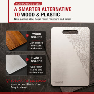 A brushed stainless steel cutting board with a geometric pattern on one half, shown on a dark textured background with marketing text comparing it to wood and plastic boards. The brand name YOSUKATA is visible on the board.