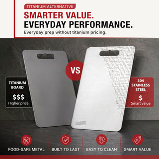 Two rectangular cutting boards shown on a dark textured background with marketing text comparing titanium and stainless steel options. One board is matte dark gray labeled titanium, and the other is brushed silver with a geometric pattern labeled stainless steel.