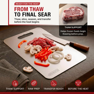 A Yosukaya stainless steel cutting board with a handle, shown on a dark countertop with sliced raw meat, mushrooms, red peppers, and onions. The image includes marketing text about thawing and searing, a small inset of a raw steak, and feature icons along the bottom.