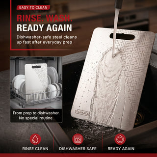 A stainless steel Yosukata dish drying board shown in a sink with running water, with text overlays highlighting its dishwasher-safe and easy-clean features.
