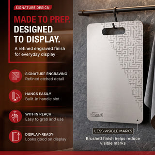 A brushed stainless steel hanging plaque with engraved geometric patterns and a built-in handle slot, shown hanging on a dark wall with promotional text on the left and product claims on the right.