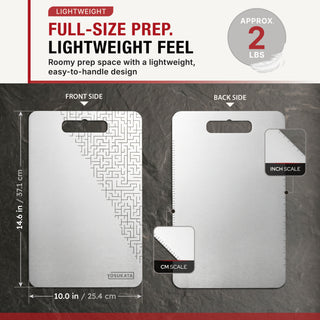 A metal room prep board shown in front and back views on a dark textured background, with text reading LIGHTWEIGHT FULL-SIZE PREP, ROOMY PREP SPACE, APPROX. 2 LBS, FRONT SIDE, BACK SIDE, INCH SCALE, and CM SCALE.